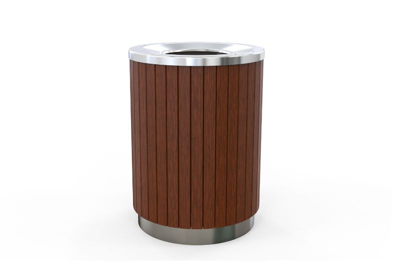 Astra Street Furniture London bins open top stainless steel shown in Merbau hardwood.