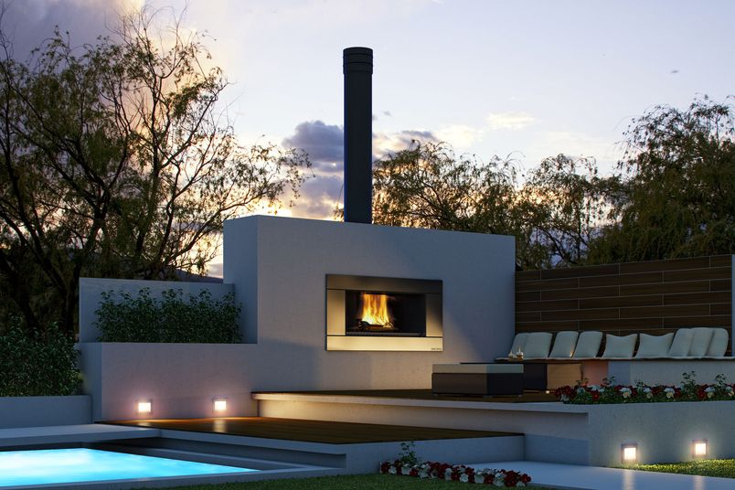 Escea’s EW5000 outdoor wood fire can be installed with or without the stainless steel frame.