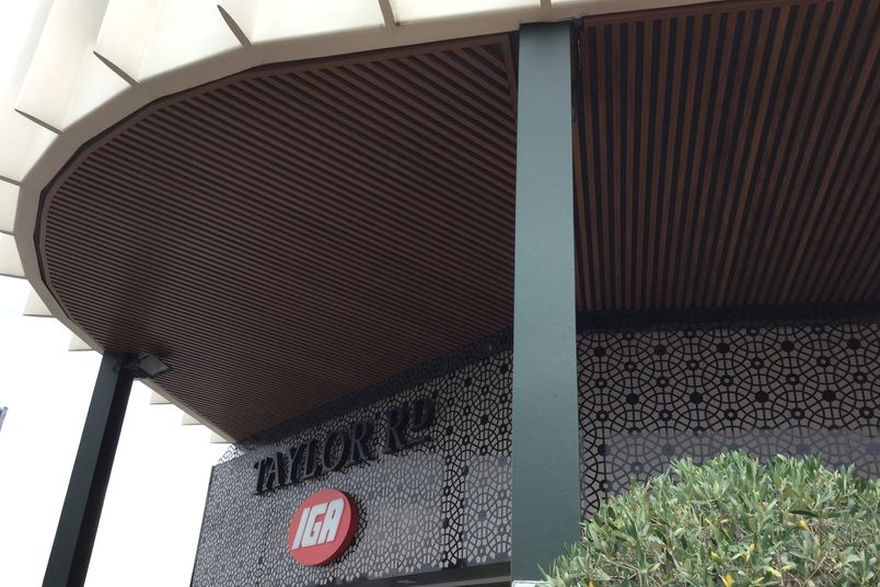 Biowood ‘Spotted Gum’ batten soffits at an IGA store in Perth.