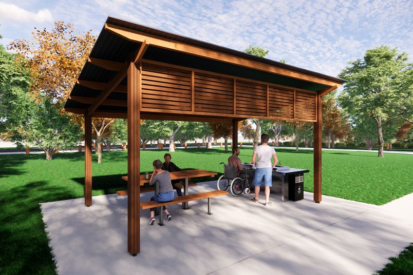 Furphy Access Barbecue with hand santizer under park shelter with picnic setting.