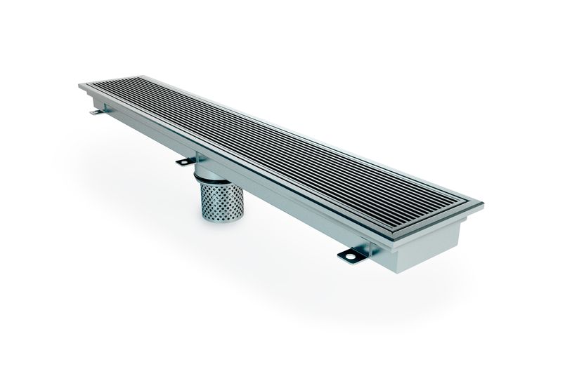 The CK commercial kitchen linear strip drain with a centre outlet.