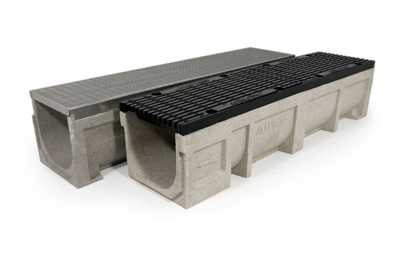 Allproof's 200 mm PC polymer concrete channel is a moulded concrete strip drain.